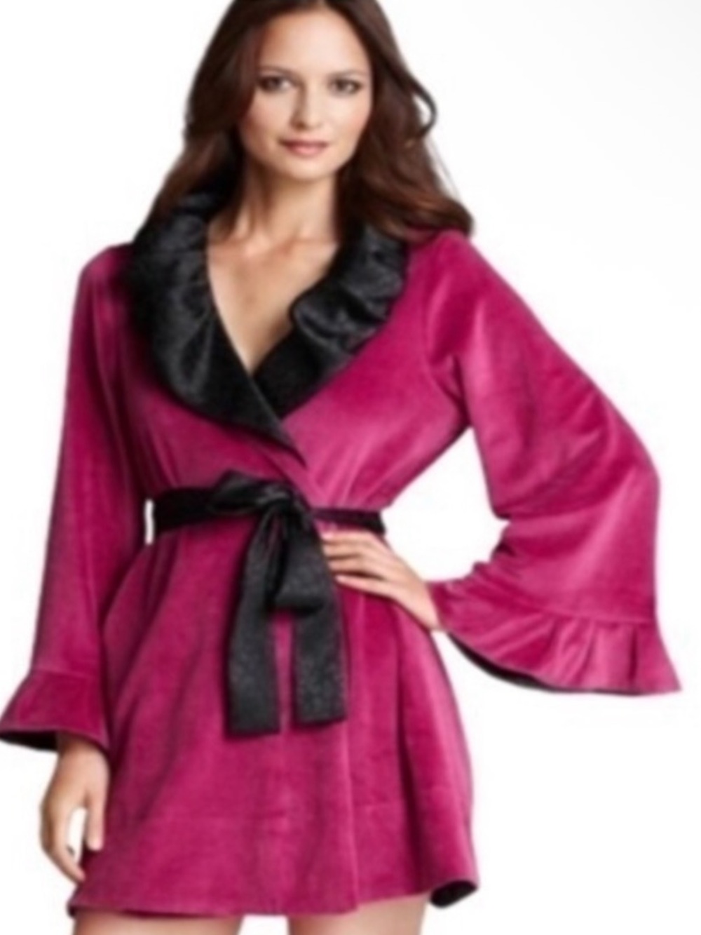 Plush Fuchsia Betsy Johnson Wrap Robe Black Brocade Trim NWT Medium